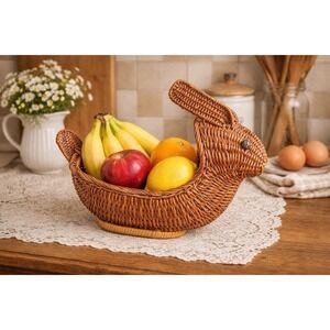 Vintage Wicker Rattan Bunny Rabbit Planter Basket Cottagecore Retro Decor